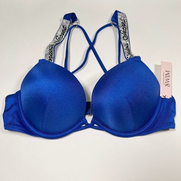 Victoria Secret 38C Bombshell Push Up Bikini Top LOGO Shine Strap Blue - Picture 1 of 4